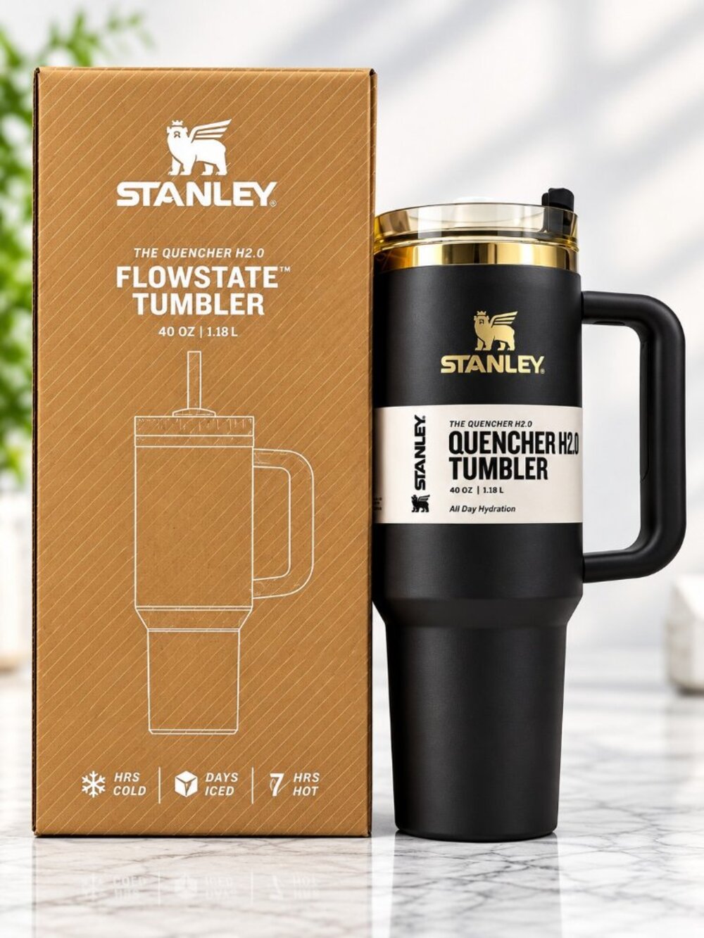 Stanley Quencher H2.0 FlowState Tumbler 40 oz – Black & Gold with Handle, Lid